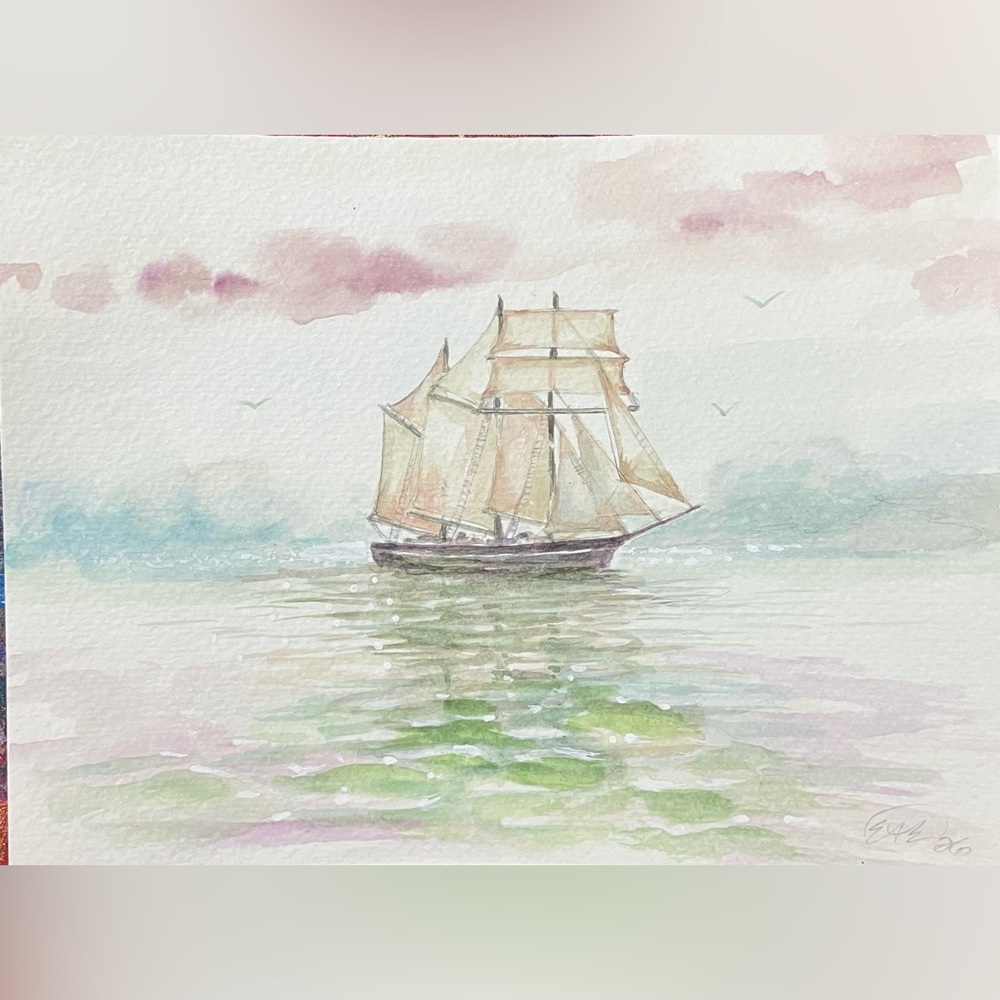 Original Watercolor Painting Ship schooner Sailing Calm Sea Art seascape EAE USA